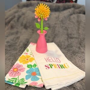Hello Spring Floral Kitchen Towel Set with Flower Dish Brush With Holder 3PC
